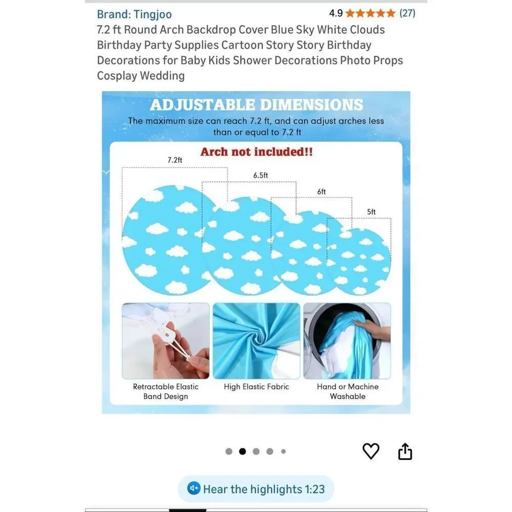 7.2 ft Round Arch Backdrop Cover Blue Sky White Clouds